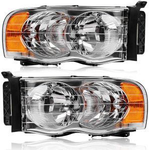 Headlight Assembly for Dodge Ram Pickup Truck 2002 2003 2004 2005/1500 2500 3500,Headlamps Replacement Black Housing Amber Reflector Clear Lens Passenger and Driver Side 