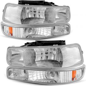 QINCHYE Headlights For Chevrolet Silverado 1500 2500 3500 1999-2002,For Chevrolet Suburban 1500 2500/Tahoe 2000-2006 16526133 16526134 Black Housing Amber Reflector Clear Lens 