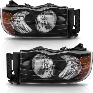 Pair of Black Housing Smoked Lens Amber Corner Headlight Assembly Lamps Replacement for Dodge Ram 1500 2500 3500 06-09 