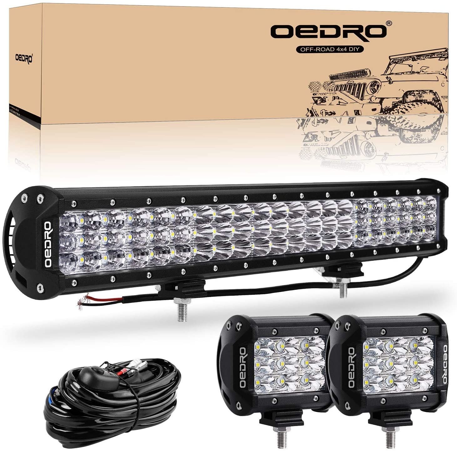 OEDRO? 20" 300W Tri-Row LED Light Bar with 2pcs 4" 27W Light Pod + Wiring Harness