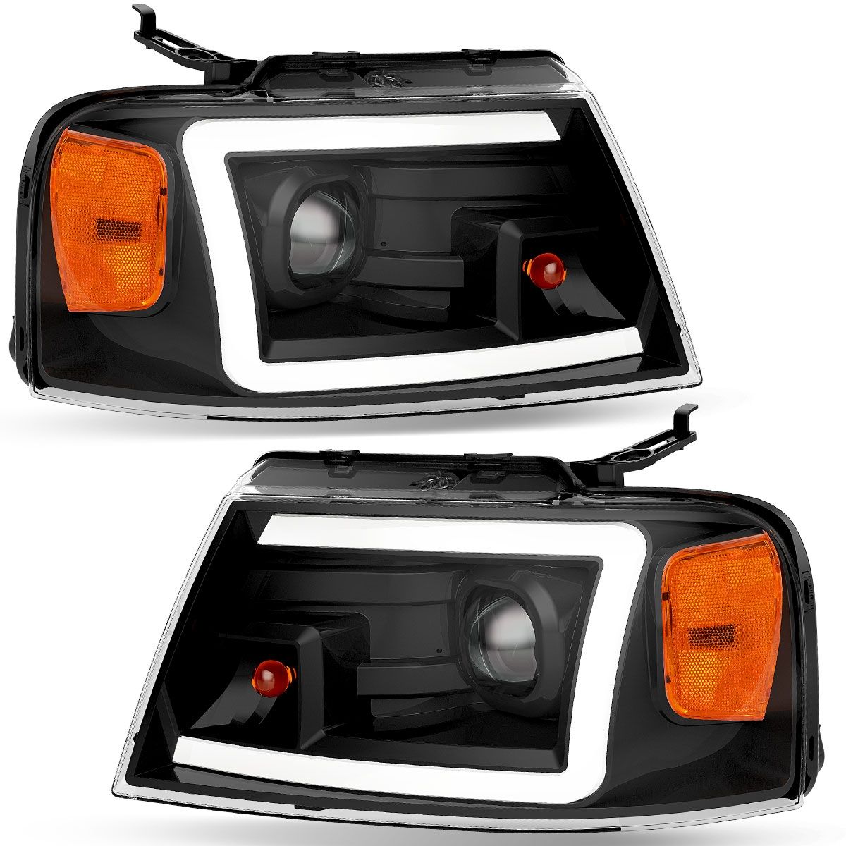OEDRO? Headlights for 2004-2008 Ford F150 Pickup, Newest Dual Projector Clear Lens Amber Side Black Housing