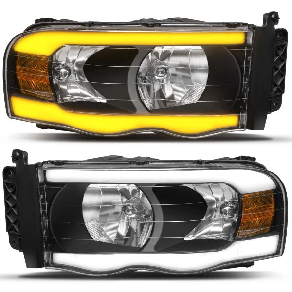 OEDRO? Headlights Assembly for 2002-2005 Dodge Ram 1500 2500 3500 w/ LED DRL+Turn Signal Black Housing