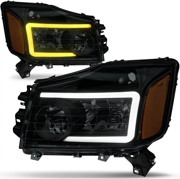 OEDRO? Headlights Assembly for 2004-2015 Titan / 2005-2007 Armada w/ LED DRL+Turn Signal Smoked Housing