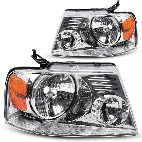 OEDRO? Headlight Assembly for 2004-2008 Ford F150 Chrome Housing Amber Side Clear Lens Headlamp Set