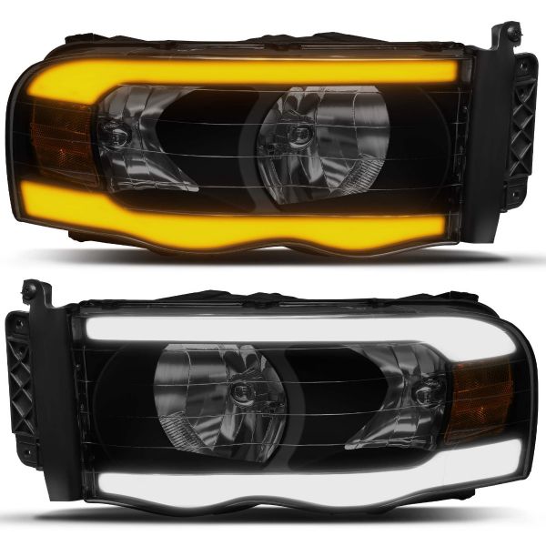 OEDRO? Headlights Assembly for 2002-2005 Dodge Ram 1500 2500 3500 w/ LED DRL Turn Signal Smoked Housing